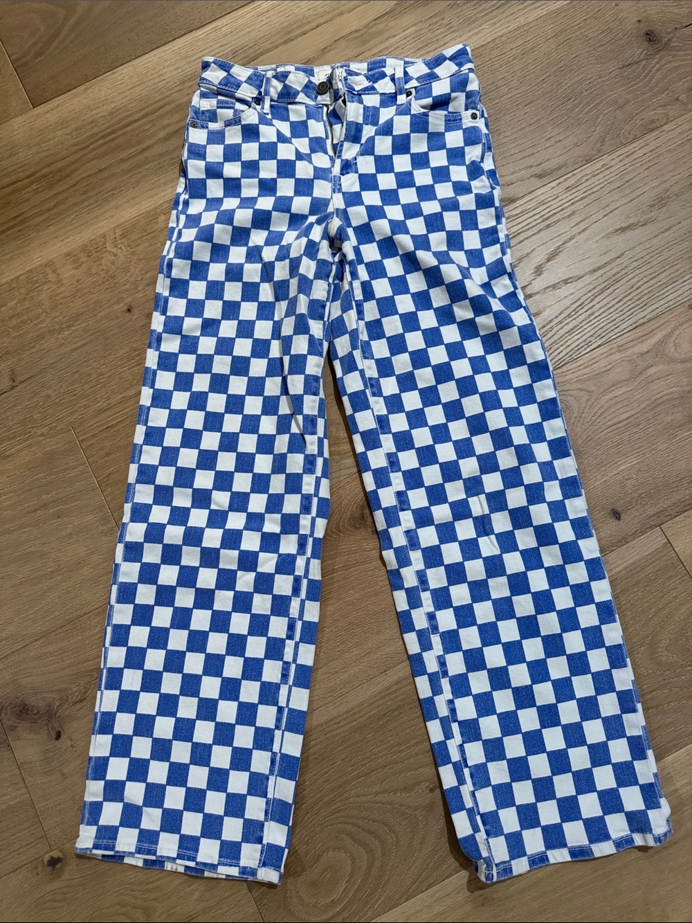 Blue & White Checkered Wide-Leg Jeans